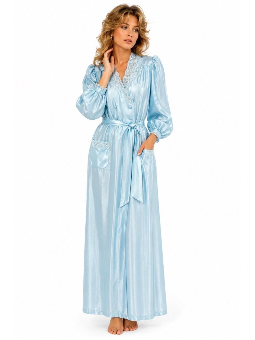 vintage 70s MISS ELAINE blue robe hostess gown XL lace statement sleeve glamour